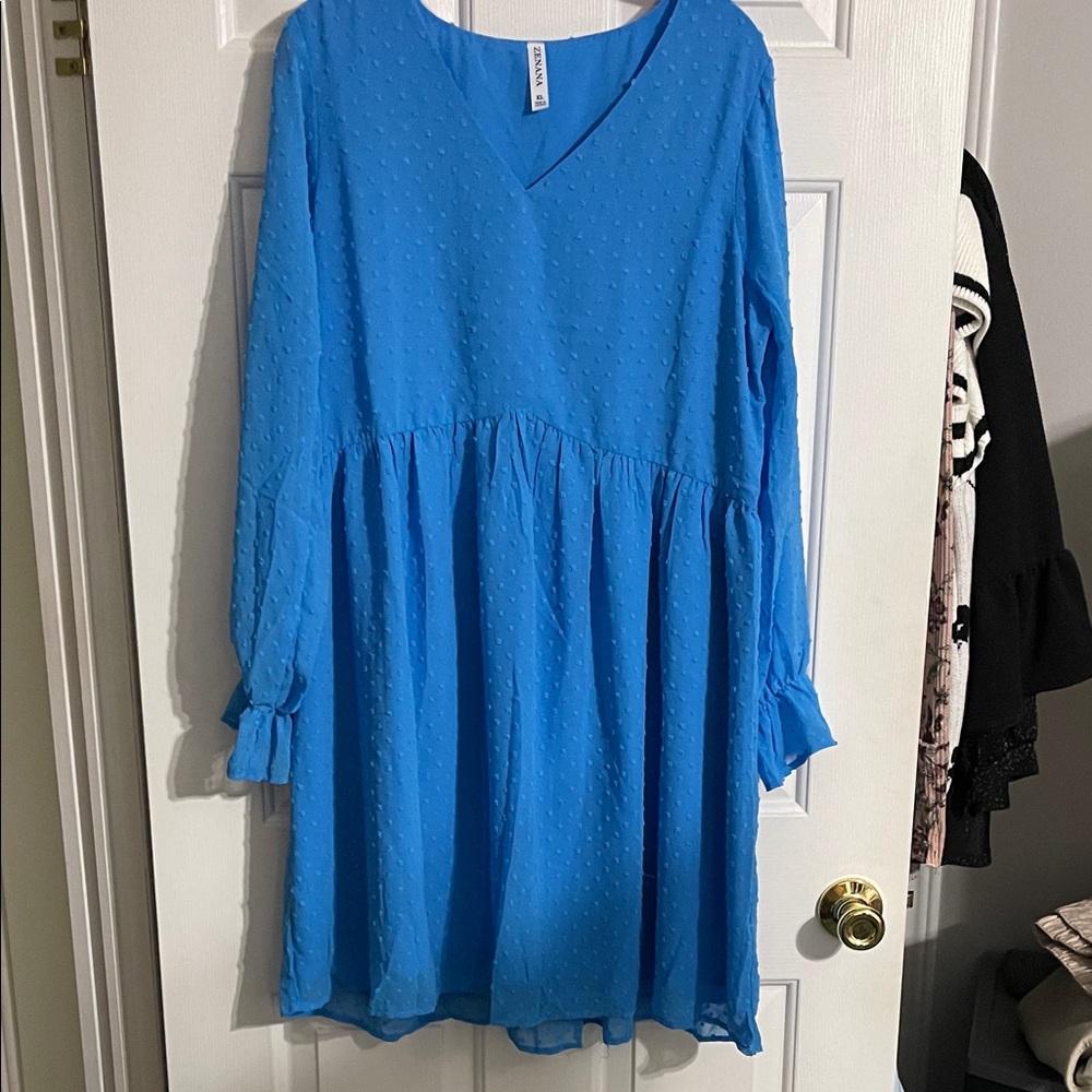 Blue Textured V-Neck Dress - Zenana NWOT